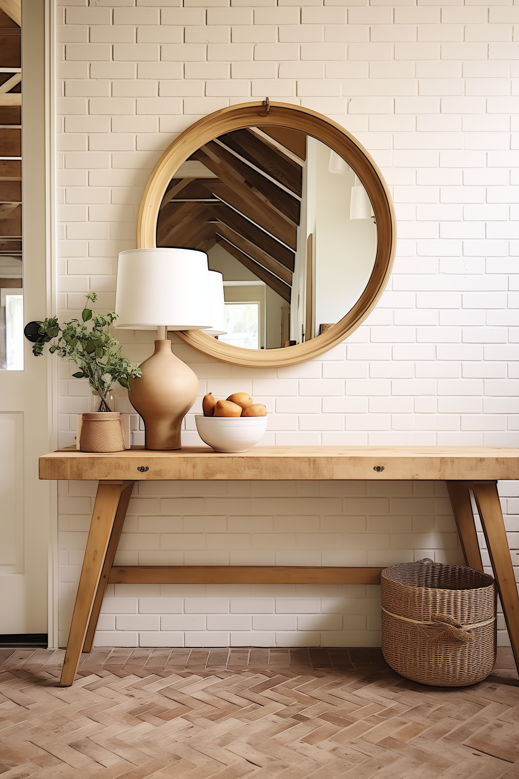 country style entryway with terracotta brick floor, white brick wall, repurposed wood console table decorated with table lamp and bowl, anchored by a round wall mirror