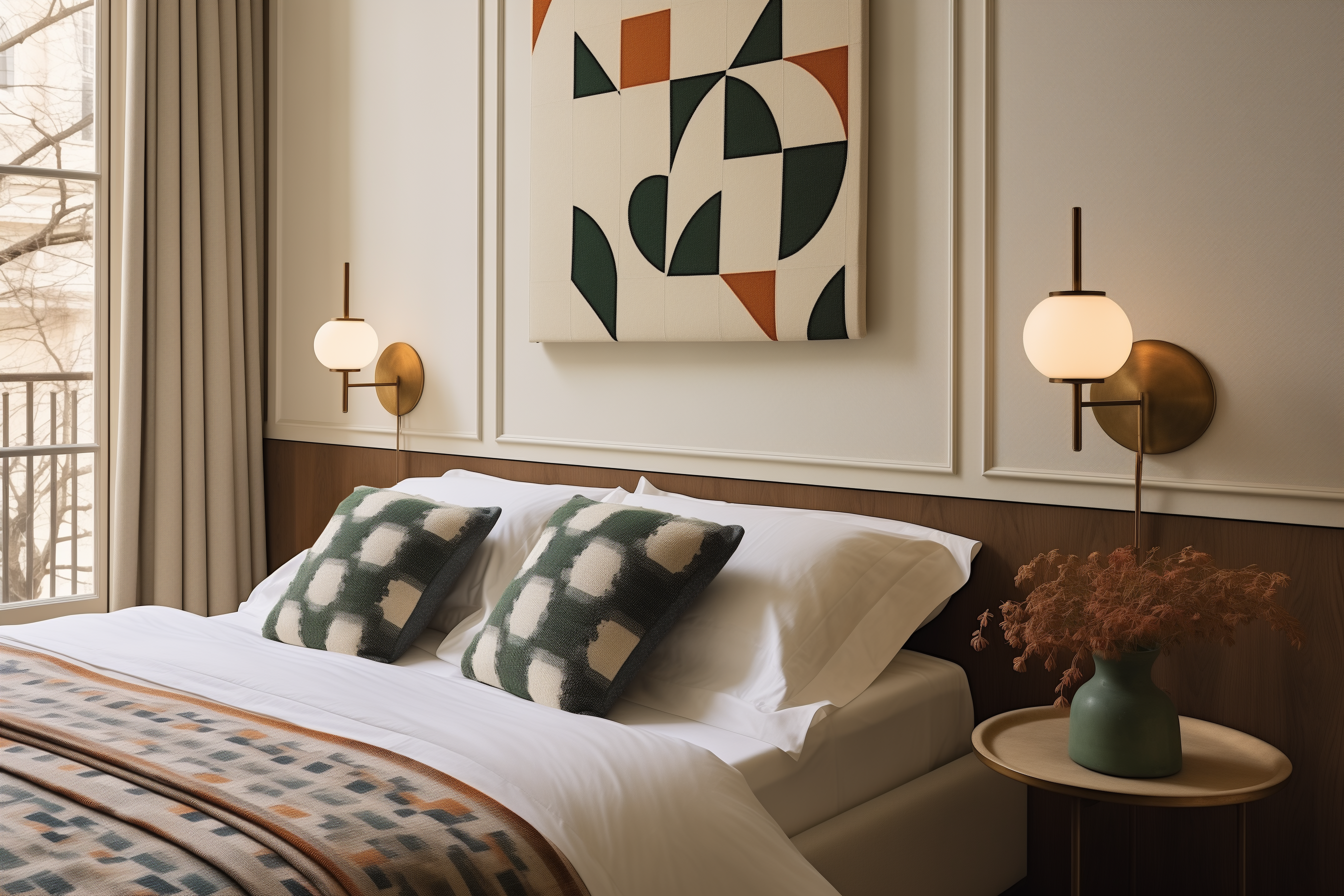 interior design of a classic contemporary bedroom in neutral color scheme, wood headboard, patterned bedding, glass wall lamps, and abstract artwork